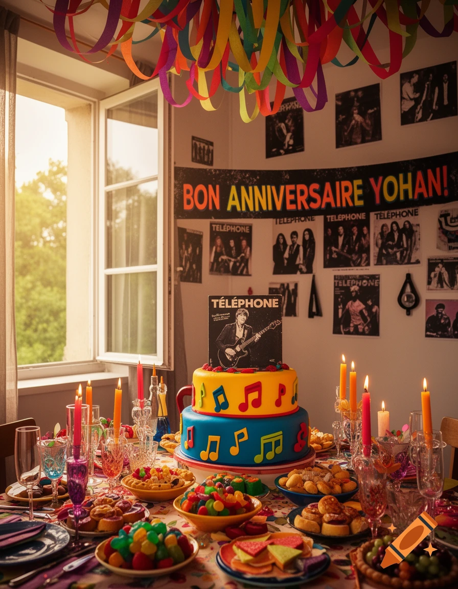 Vibrant birthday party table with a music-themed cake, candles, candies, and a "BON ANNIVERSAIRE YOHAN!" banner.