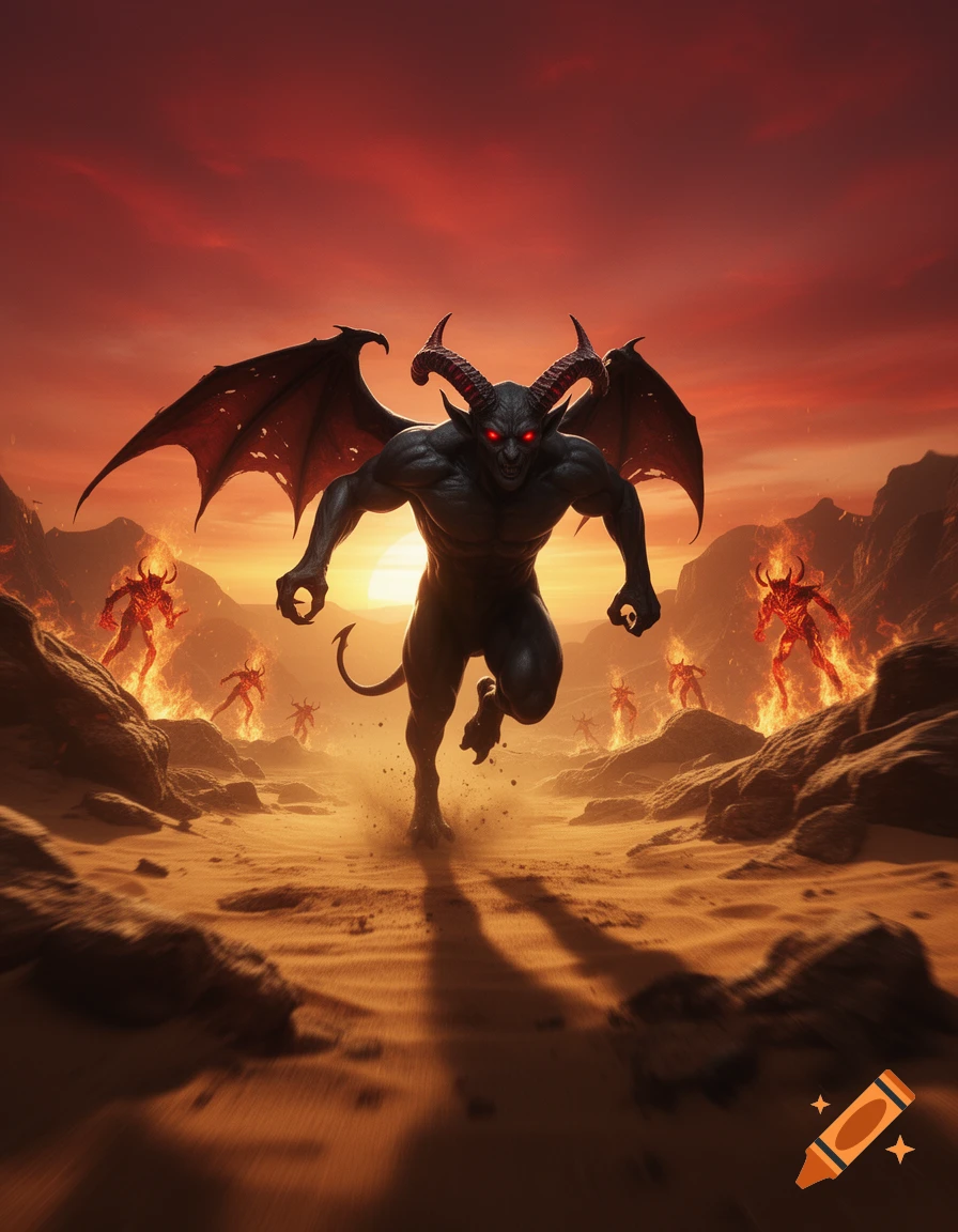 A powerful horned demon with large wings and glowing red eyes runs across a fiery desert at sunset, with other smaller demons in the background.