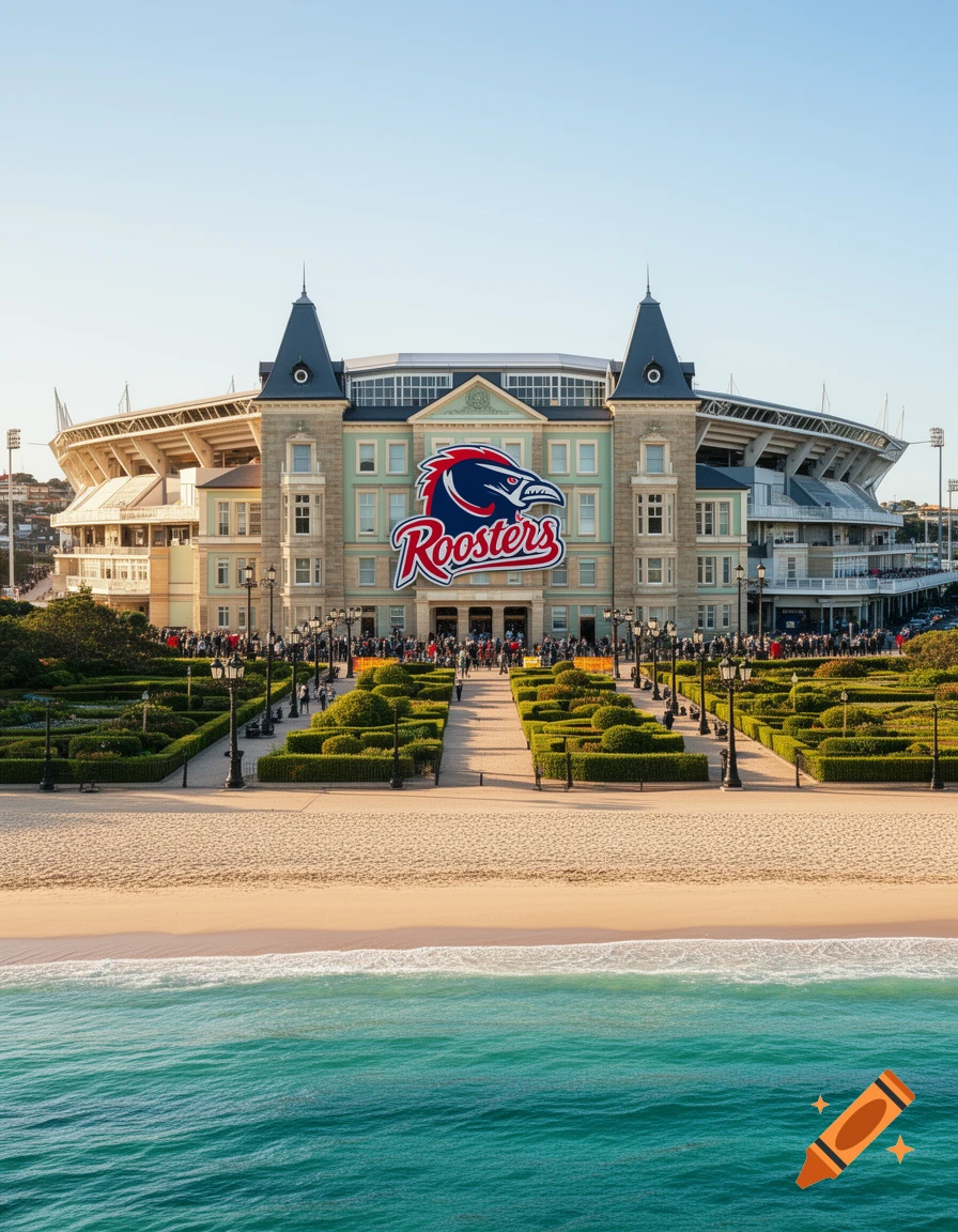 A grand French Provincial style building with a 'Roosters' logo, backed by a stadium, stands before a sandy beach and turquoise ocean.