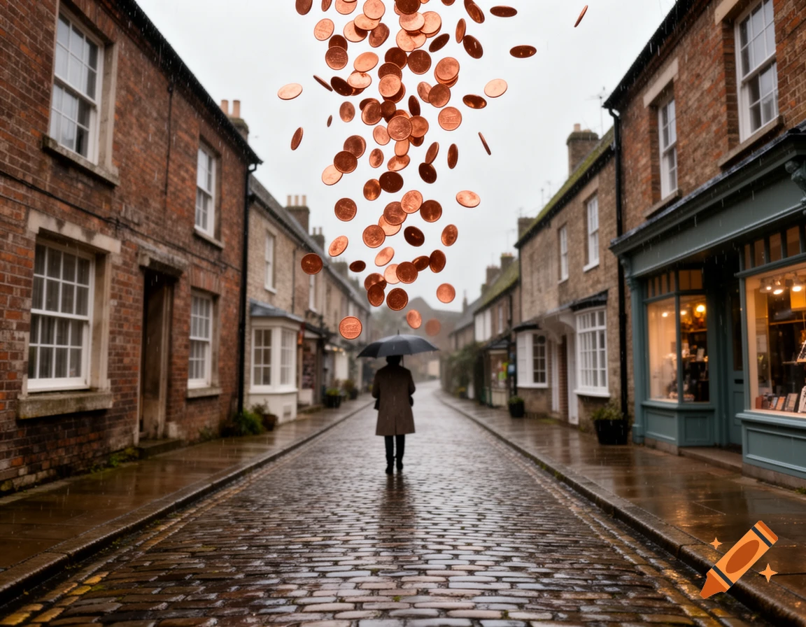 A person with an umbrella walks on a wet cobblestone street as copper pennies rain from the sky.
