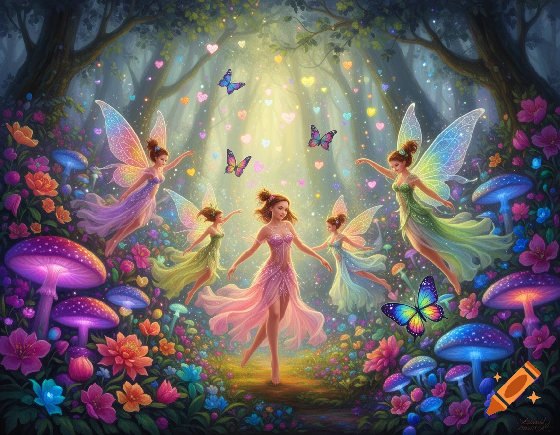 Five elegant fairies with iridescent wings dance in a vibrant enchanted forest with luminous mushrooms and glowing flowers.