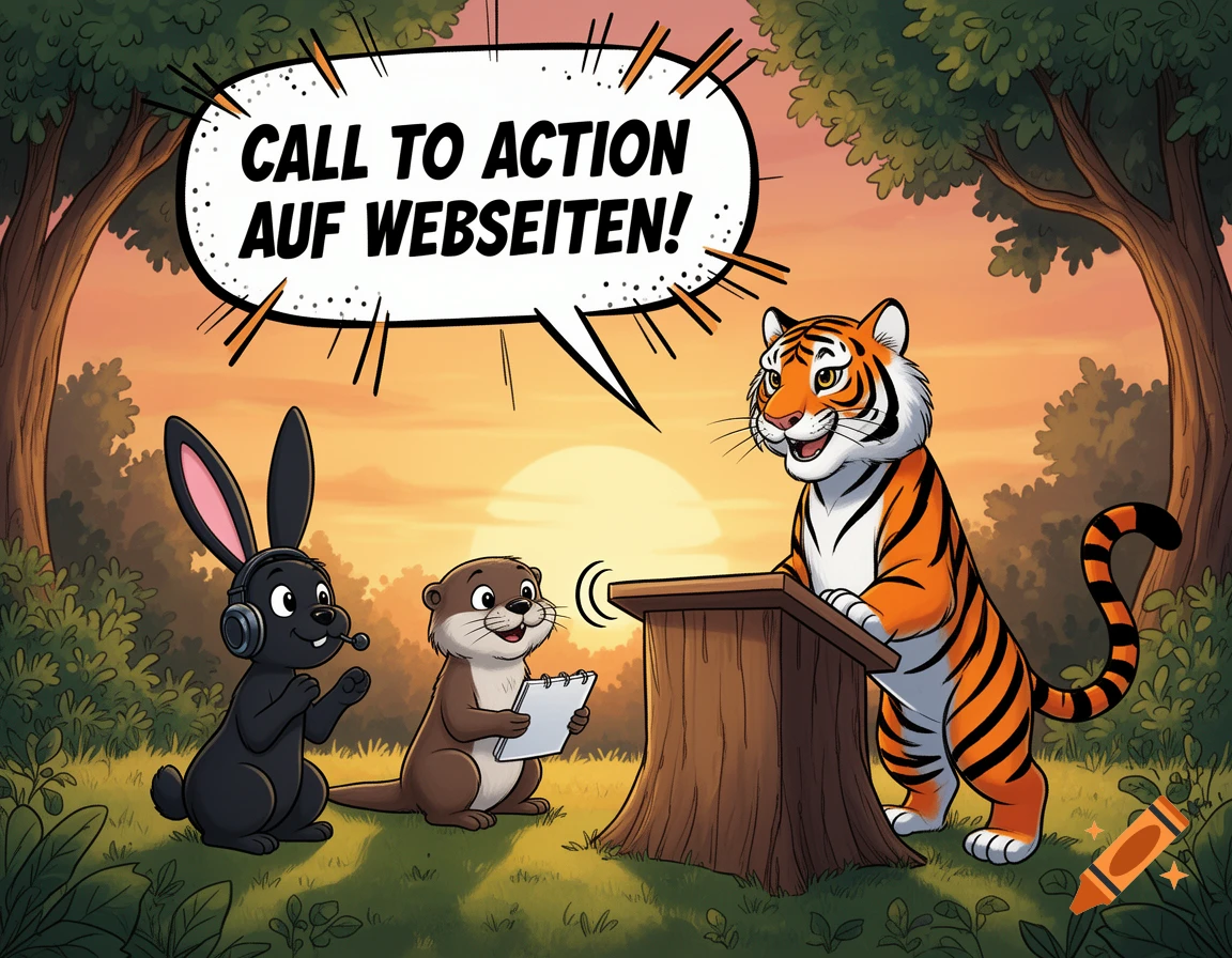 A cartoon tiger, rabbit, and otter present 'CALL TO ACTION AUF WEBSEITEN!' in a forest at sunset, comic style.