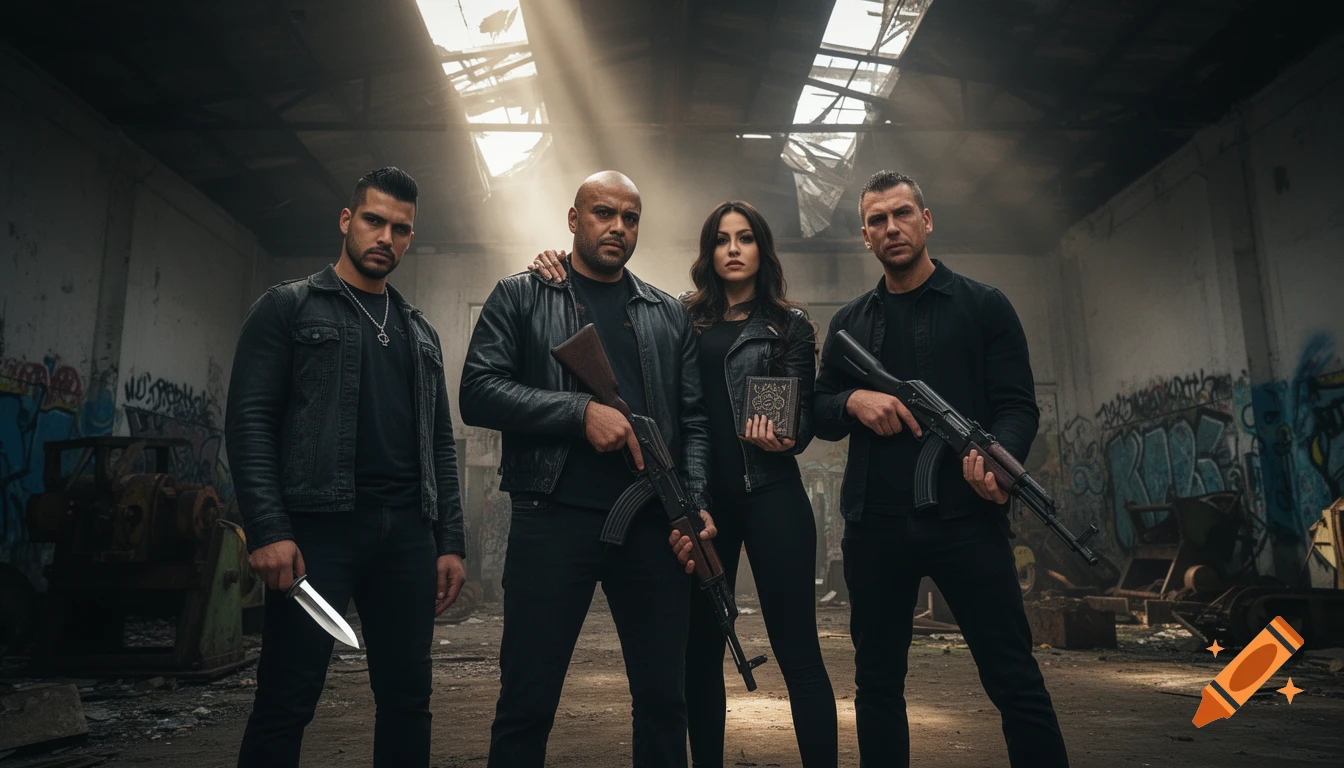 Four people, three men and one woman, in dark clothing, stand with weapons in a gritty, abandoned warehouse with graffiti. The woman holds an ornate book.