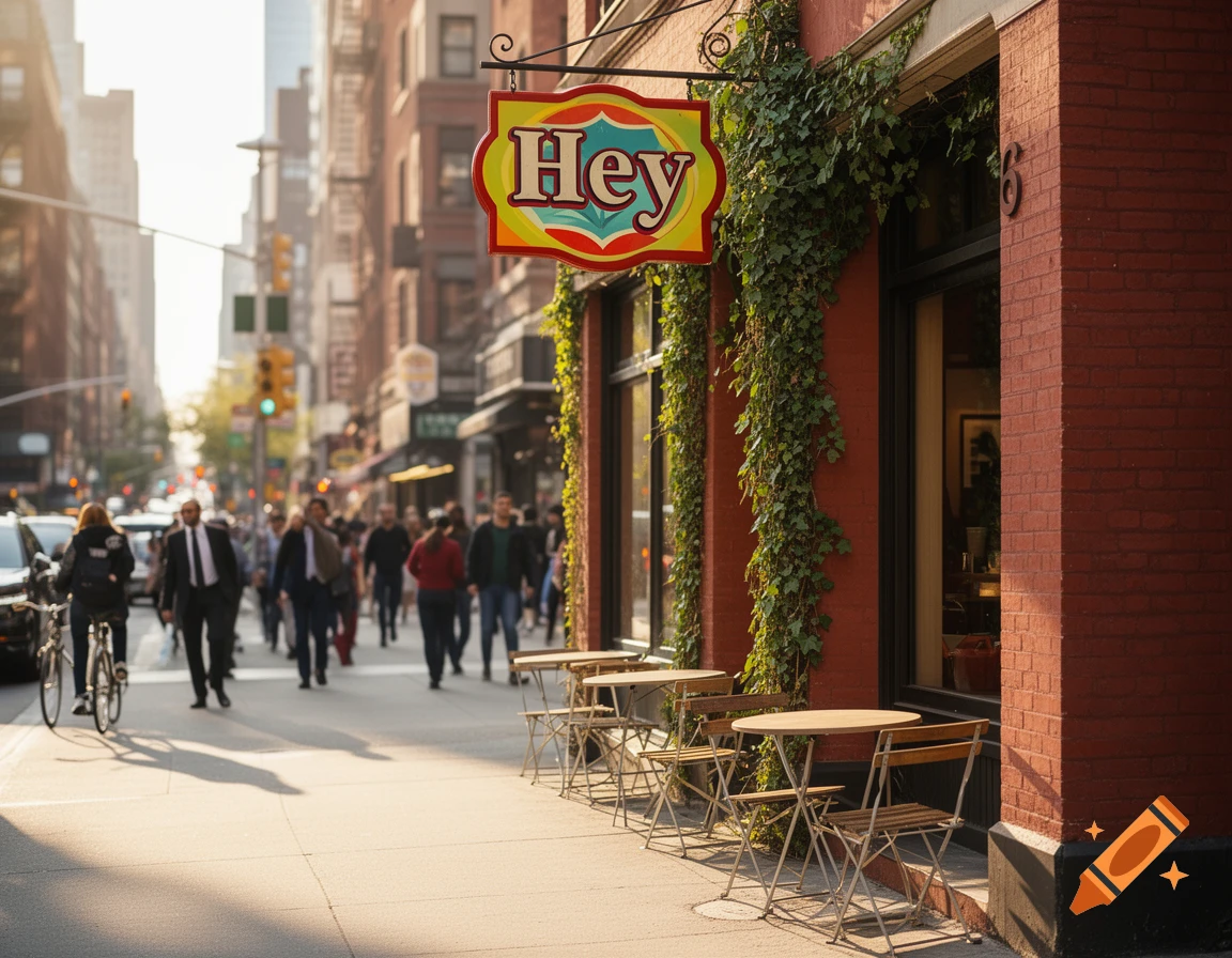 A bustling city street with a cafe, outdoor seating, and a prominent 'Hey' sign. Blurred pedestrians walk in the background.