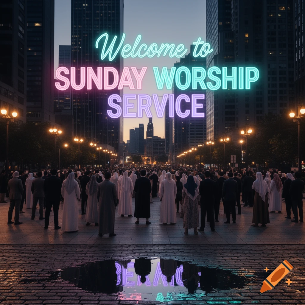 A large crowd on a city street at dusk under a neon sign reading 'Welcome to SUNDAY WORSHIP SERVICE', with reflections on cobblestones.