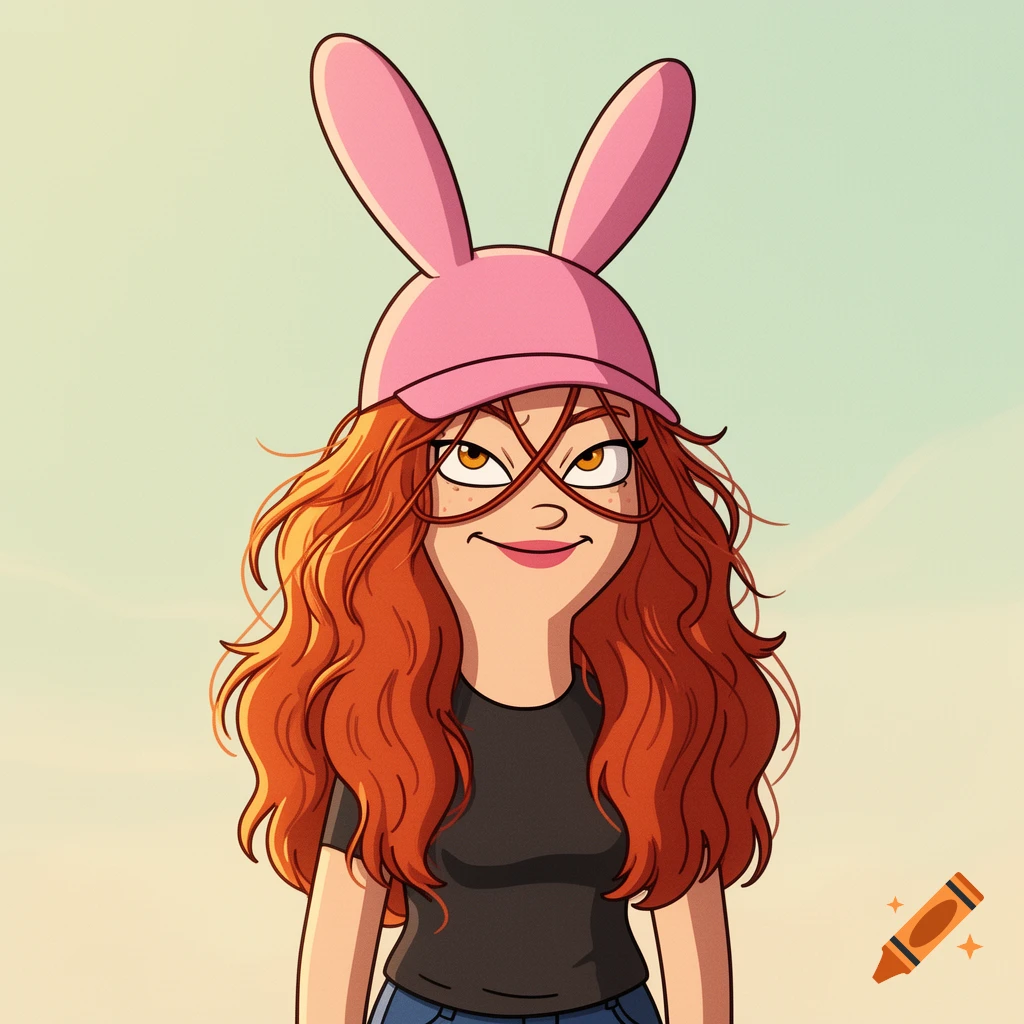 A cartoon character with long wavy copper-red hair, wearing a pink bunny ear hat, and a black t-shirt, smiling slightly.