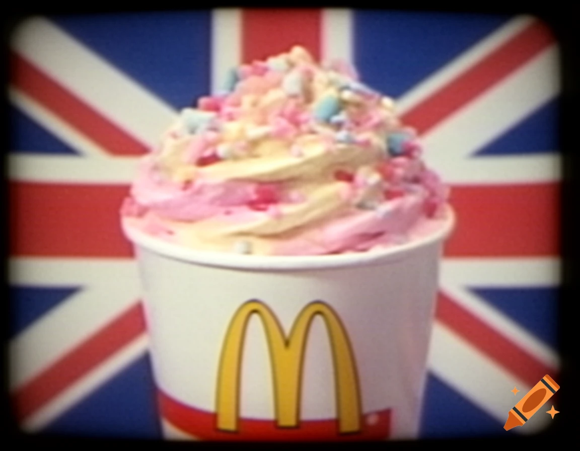 A colorful, sprinkled McDonald's dessert cup against a blurry Union Jack flag, with a retro, grainy filter.