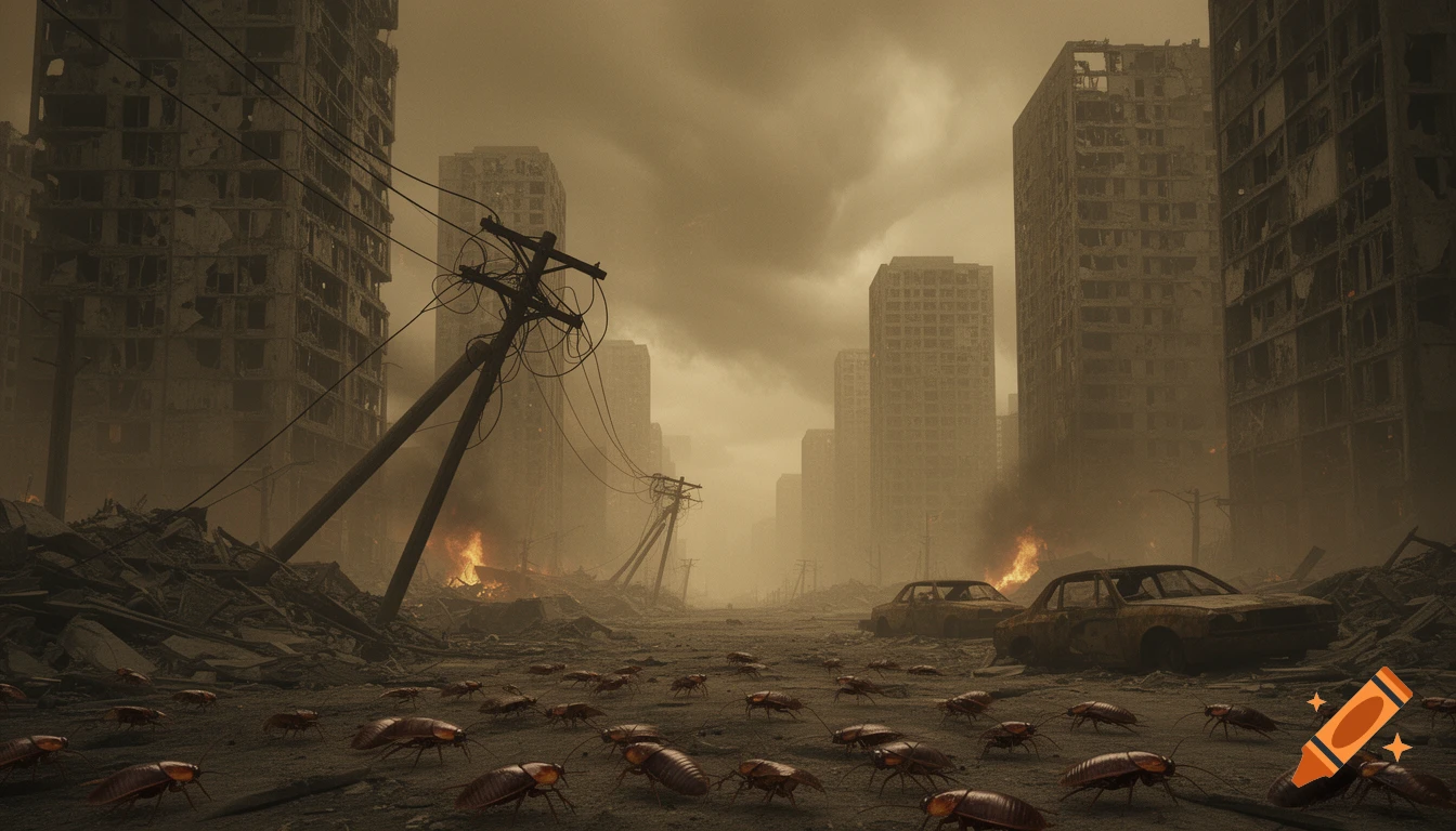 A photorealistic view of a ruined dystopian city street, filled with debris, destroyed buildings, and countless cockroaches, with fires burning in the background.