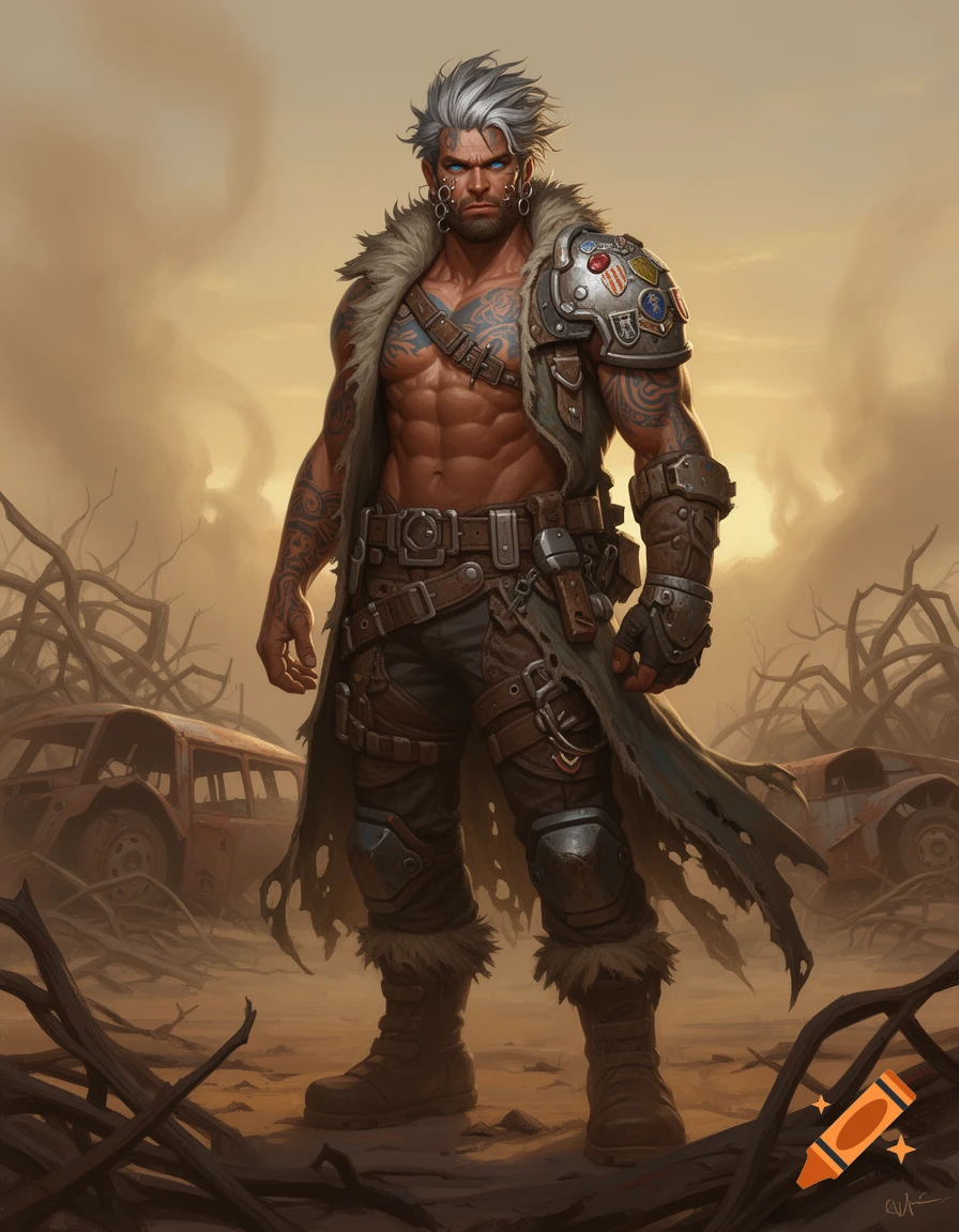 A rugged, muscular man with white hair, tattoos, and armored fur-lined clothing stands in a post-apocalyptic wasteland with rusted cars, detailed digital painting.