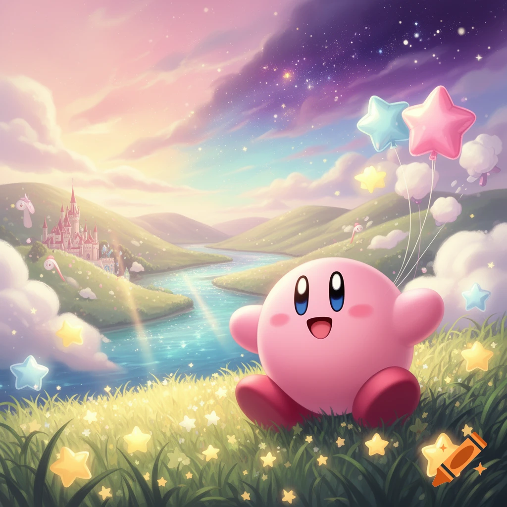 Kirby sits in a field of stars with star balloons, a castle, and a sparkling river under a magical sunset sky.