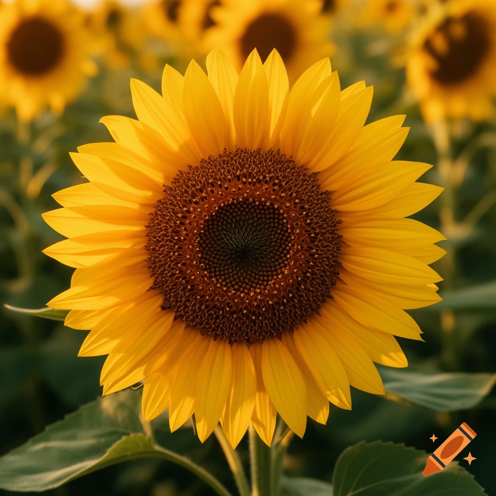 A vibrant, close-up shot of a single sunflower in a field, with other sunflowers blurred in the background.