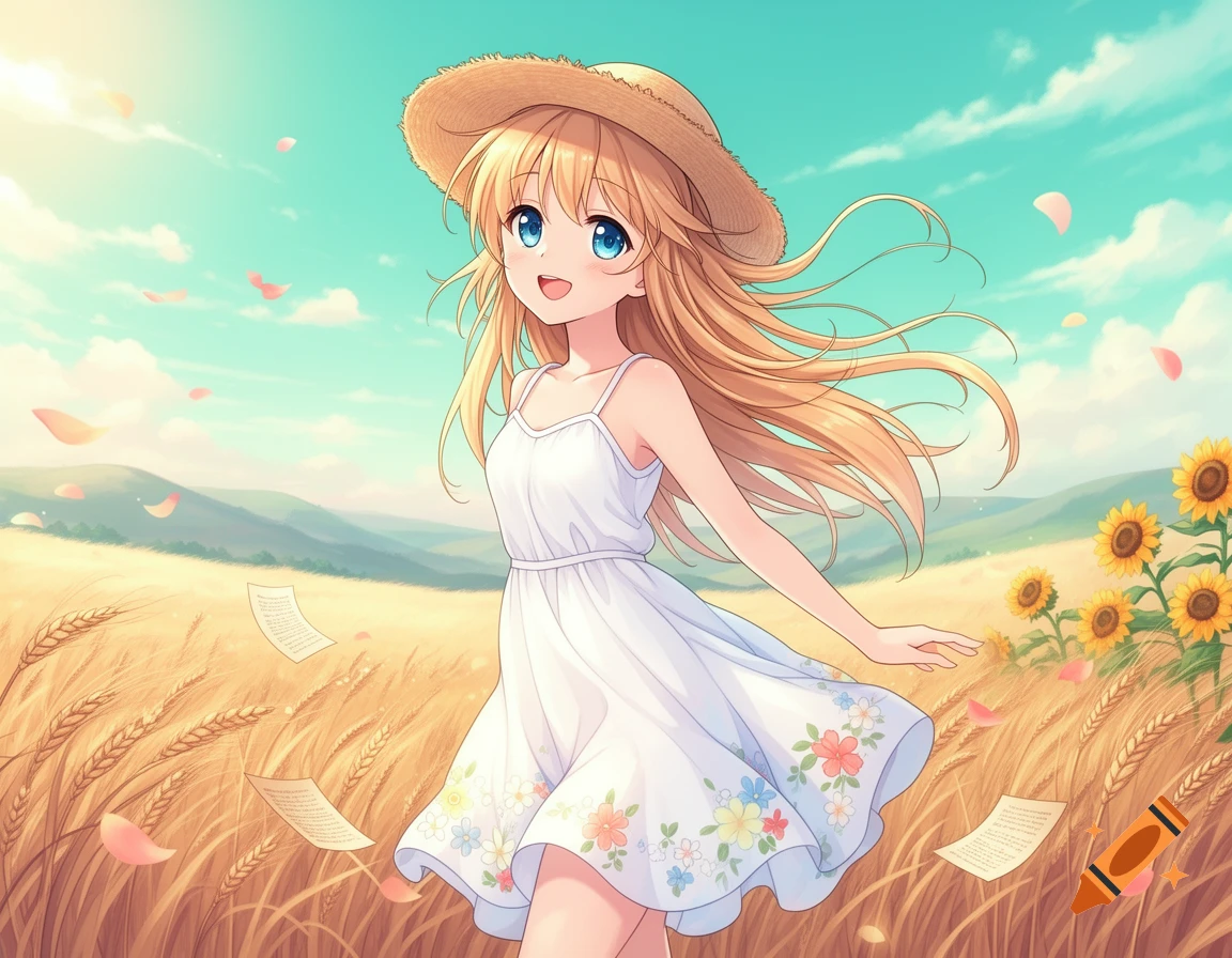 An anime girl in a white dress and straw hat stands in a sunny wheat field with sunflowers and floating papers.