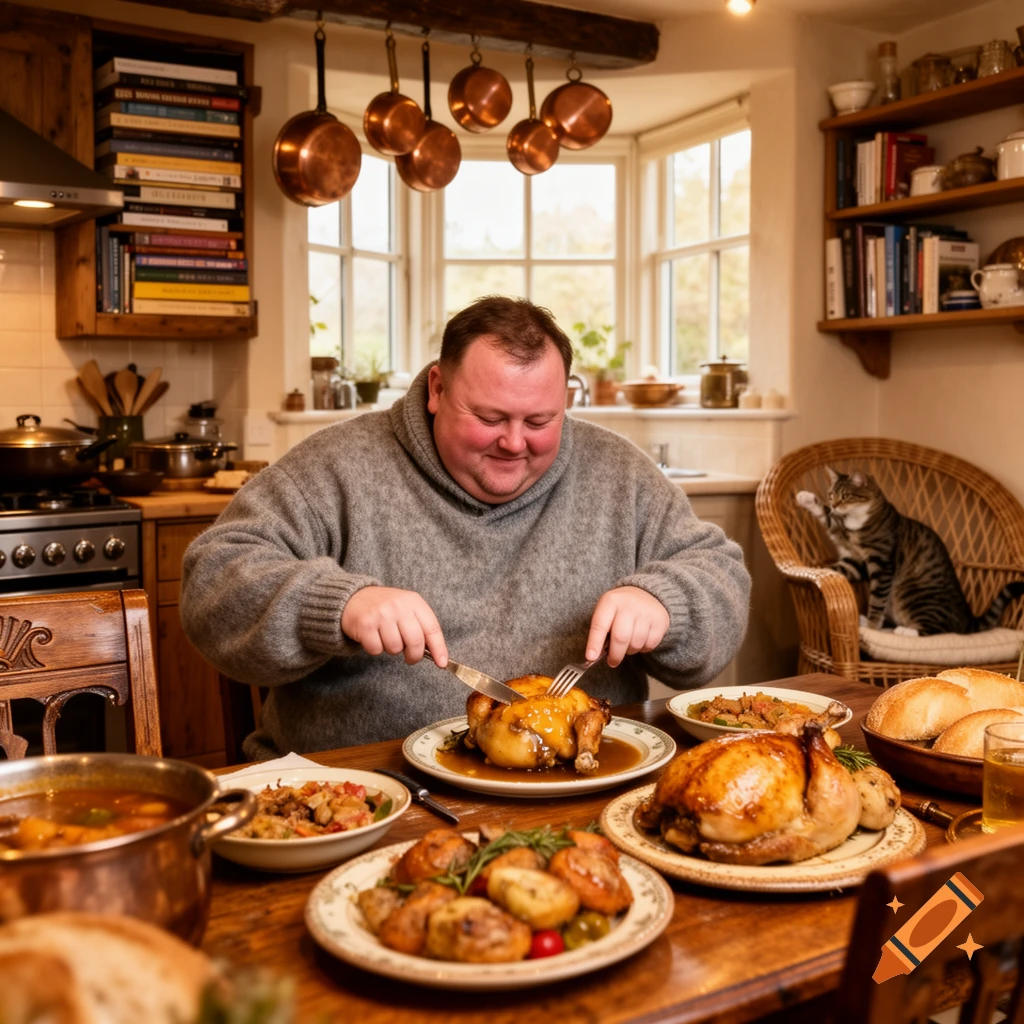 A heavy-set man happily eats a roasted chicken dinner at a wooden table in a cozy kitchen, with a cat sitting in a wicker chair nearby.