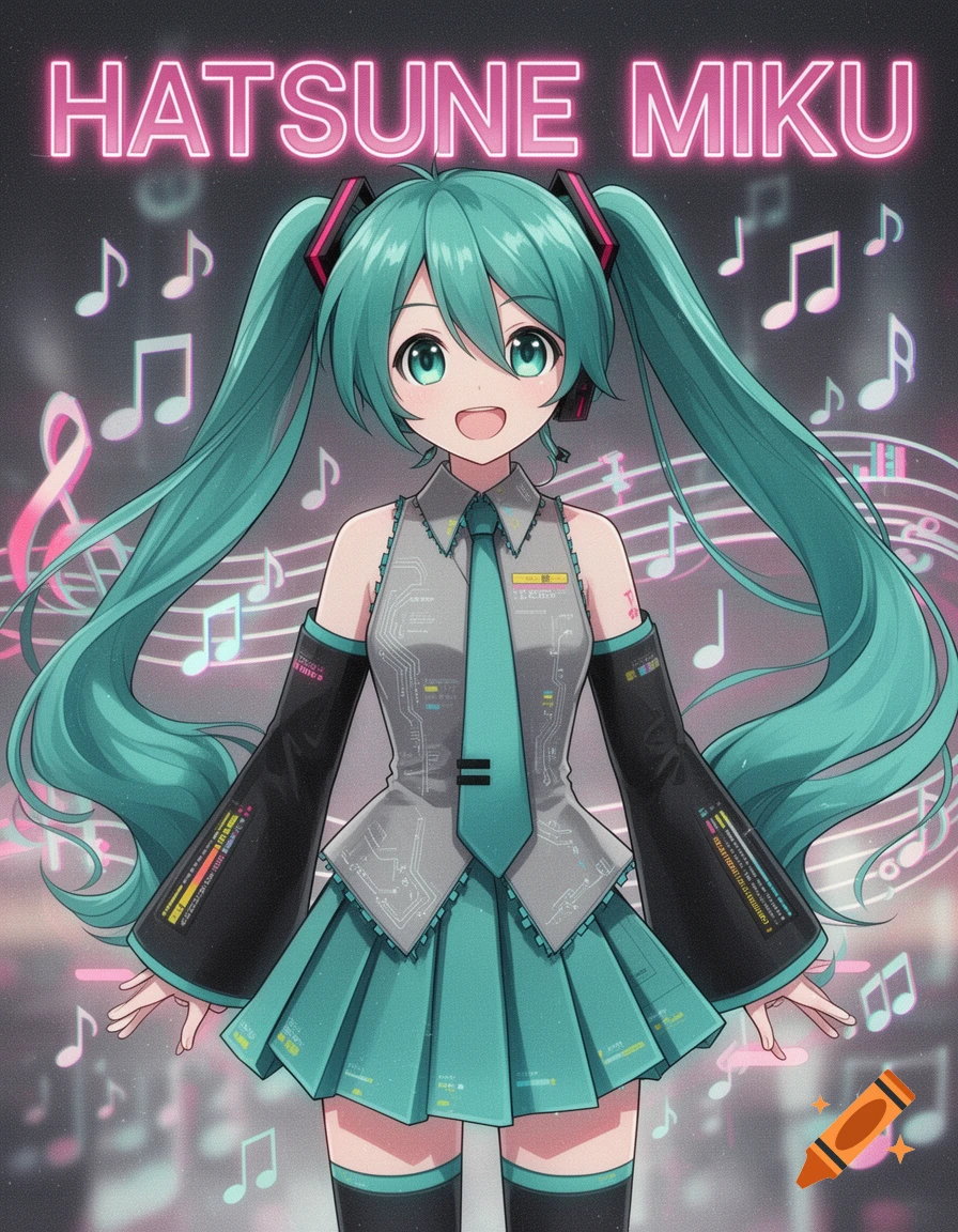 Anime art of Hatsune Miku in her signature outfit, with teal pigtails, against a dark background with musical notes and neon text.