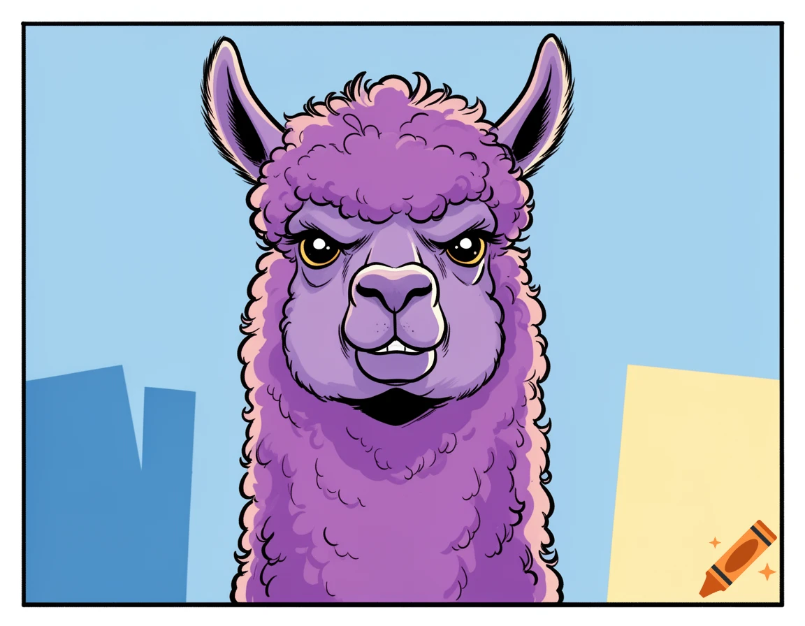Grumpy purple alpaca in comic style against a light blue background.