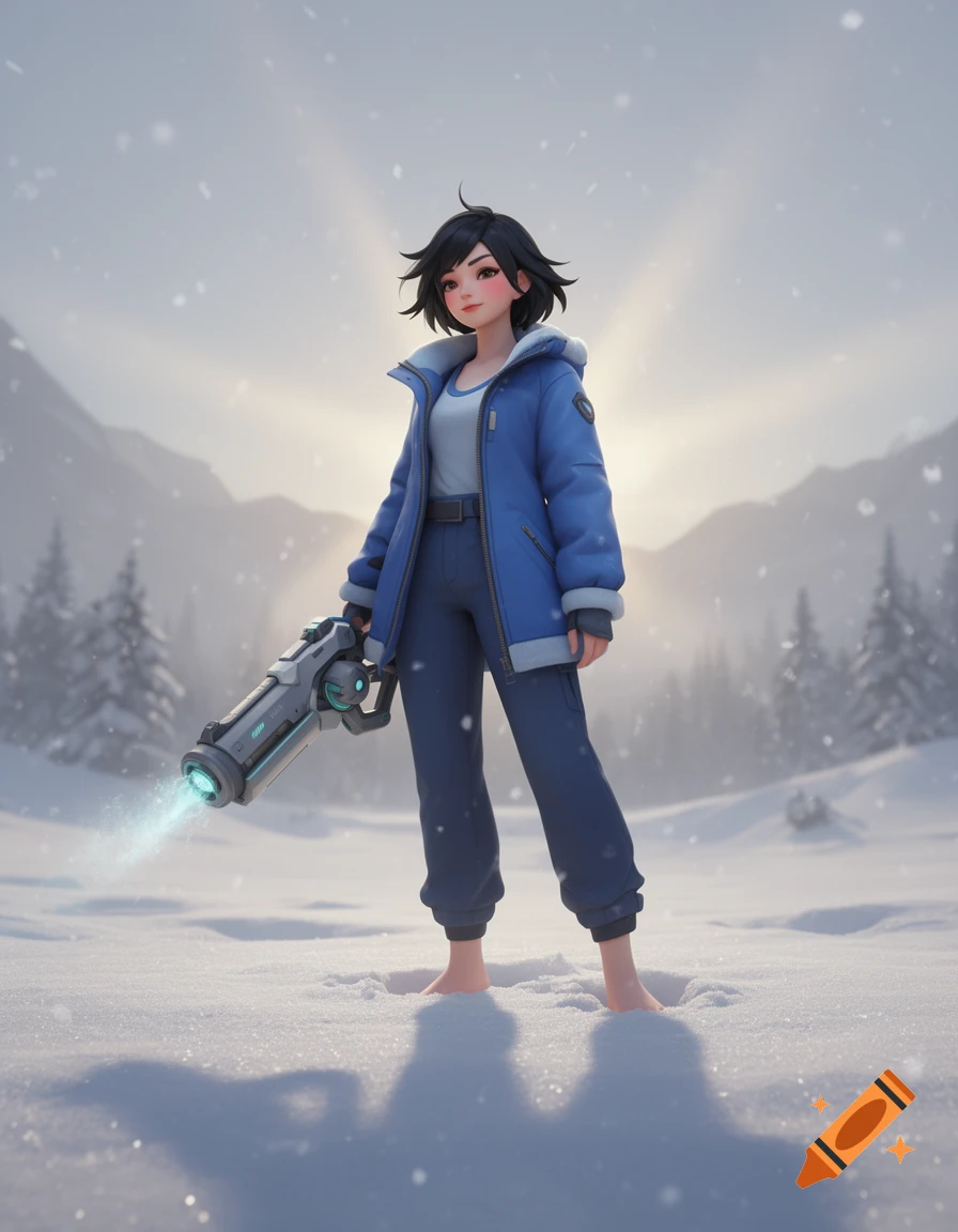 A female video game character, in a blue coat, stands barefoot in snow, holding a futuristic weapon, in a 3D animated style.