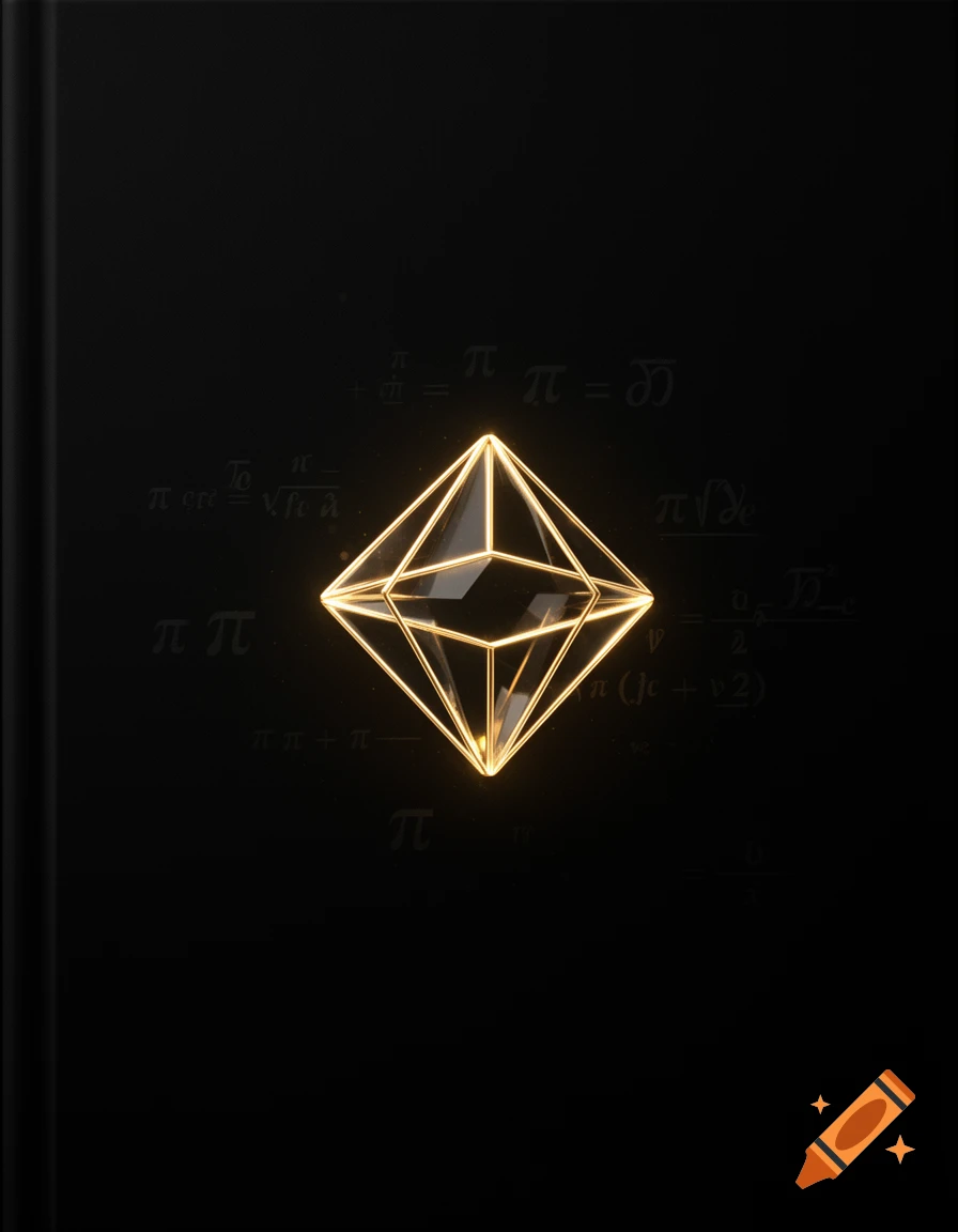A glowing, golden wireframe icosahedron floats against a deep matte black background with faint, etched mathematical formulas.