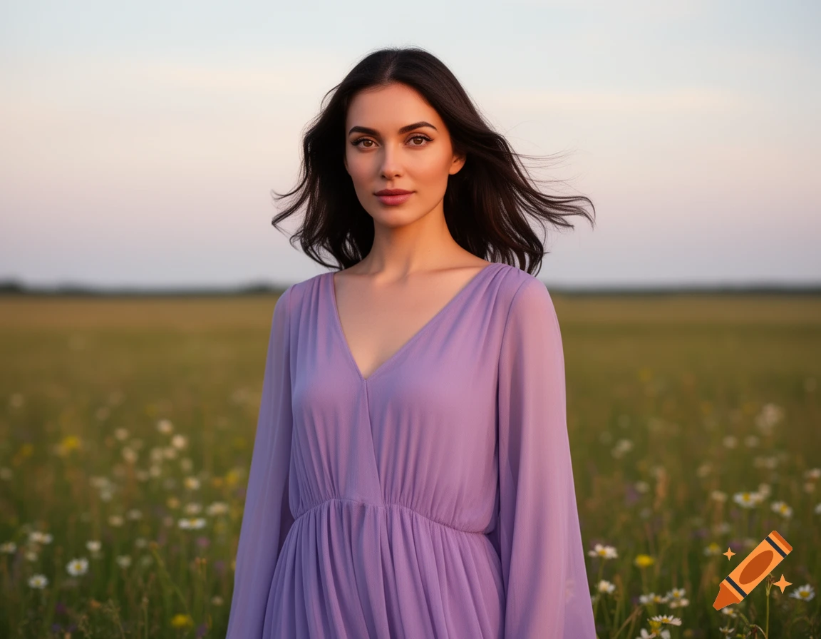 A woman with dark hair in a lavender dress stands in a field of ...