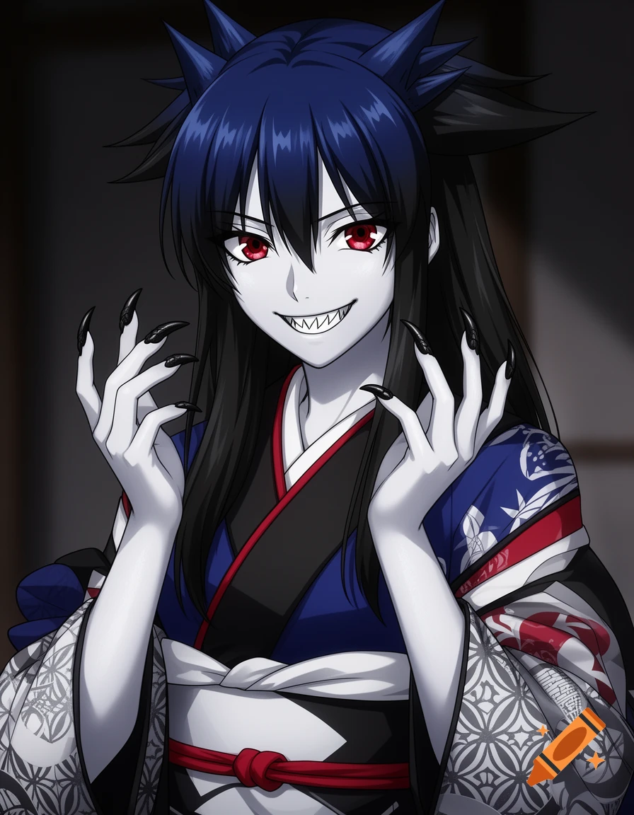 An anime girl with pale skin, dark spiky hair, red eyes, jagged teeth, and long black claws, wearing an elaborate kimono.