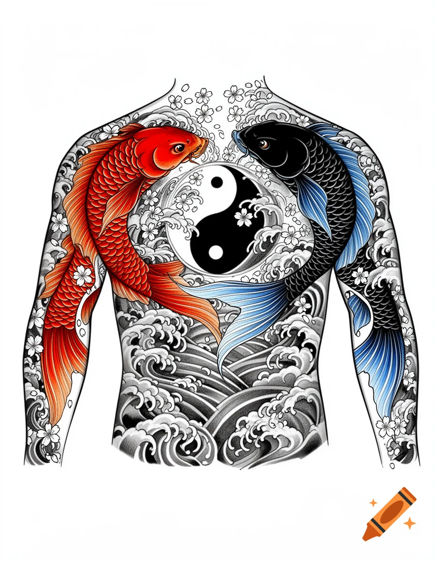 Japanese Irezumi tattoo concept on a torso with two koi fish forming a yin-yang, surrounded by waves and cherry blossoms.