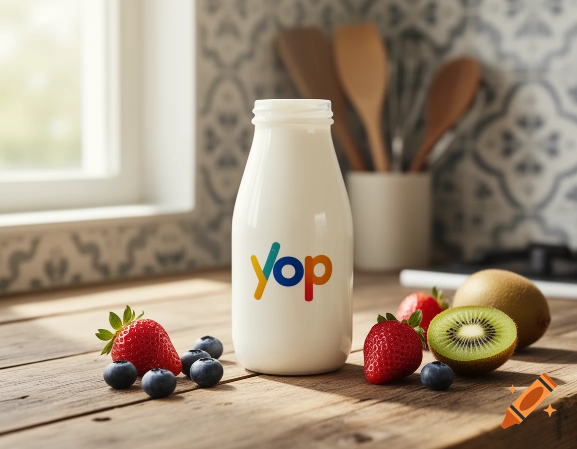 A white bottle with a colorful 'Yop' logo sits on a wooden table, surrounded by fresh strawberries, blueberries, and sliced kiwi, in a bright kitchen.