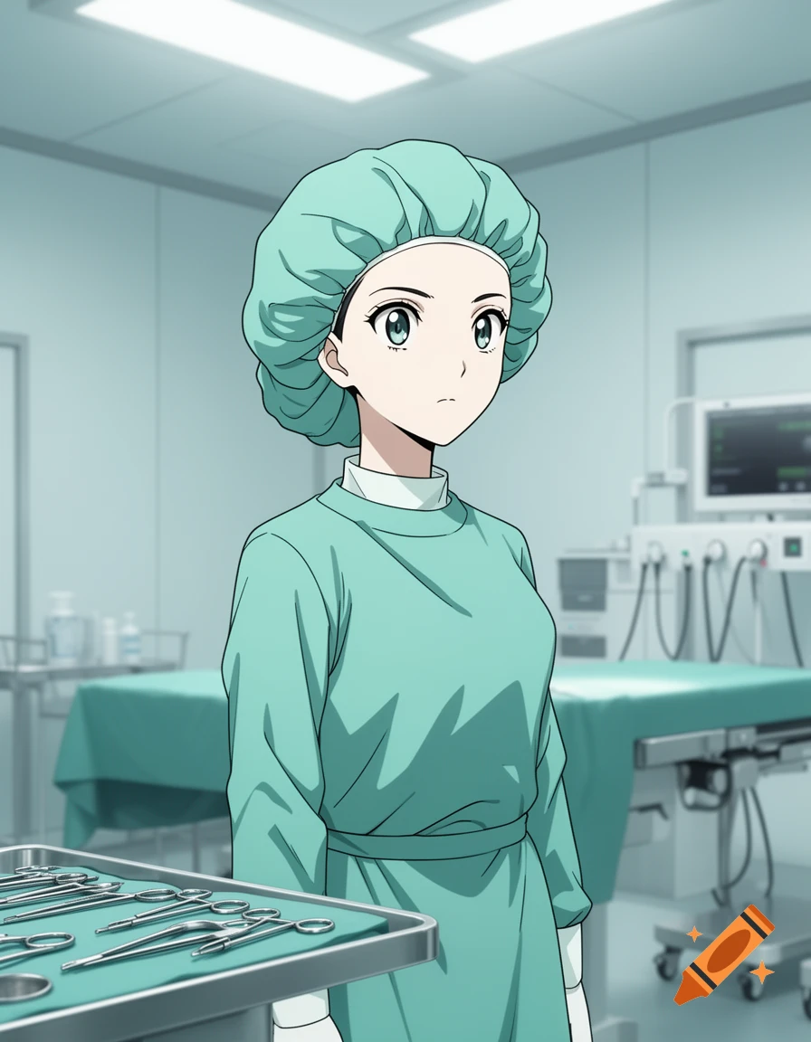 Anime-style surgical nurse in a teal cap and scrubs stands in a sterile operating room with medical instruments.