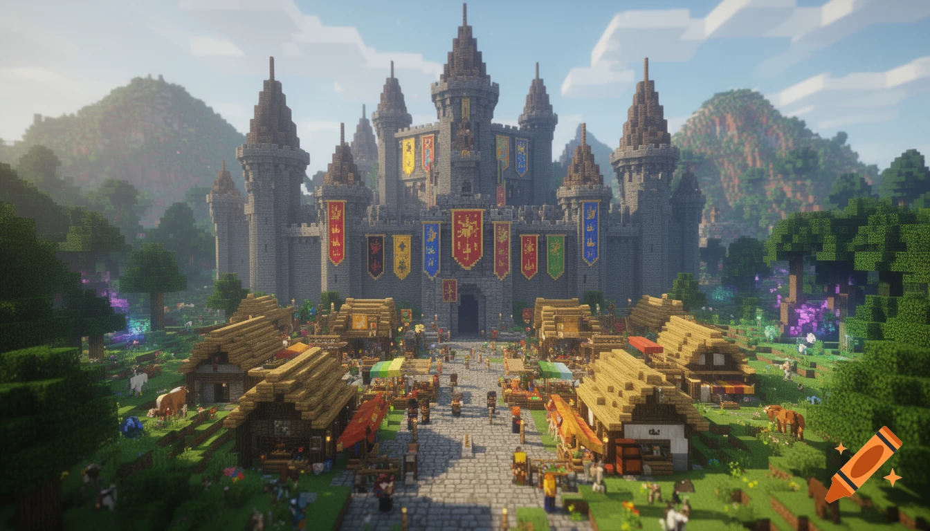 A grand Minecraft-style medieval castle overlooking a bustling market village, surrounded by green hills under a blue sky.