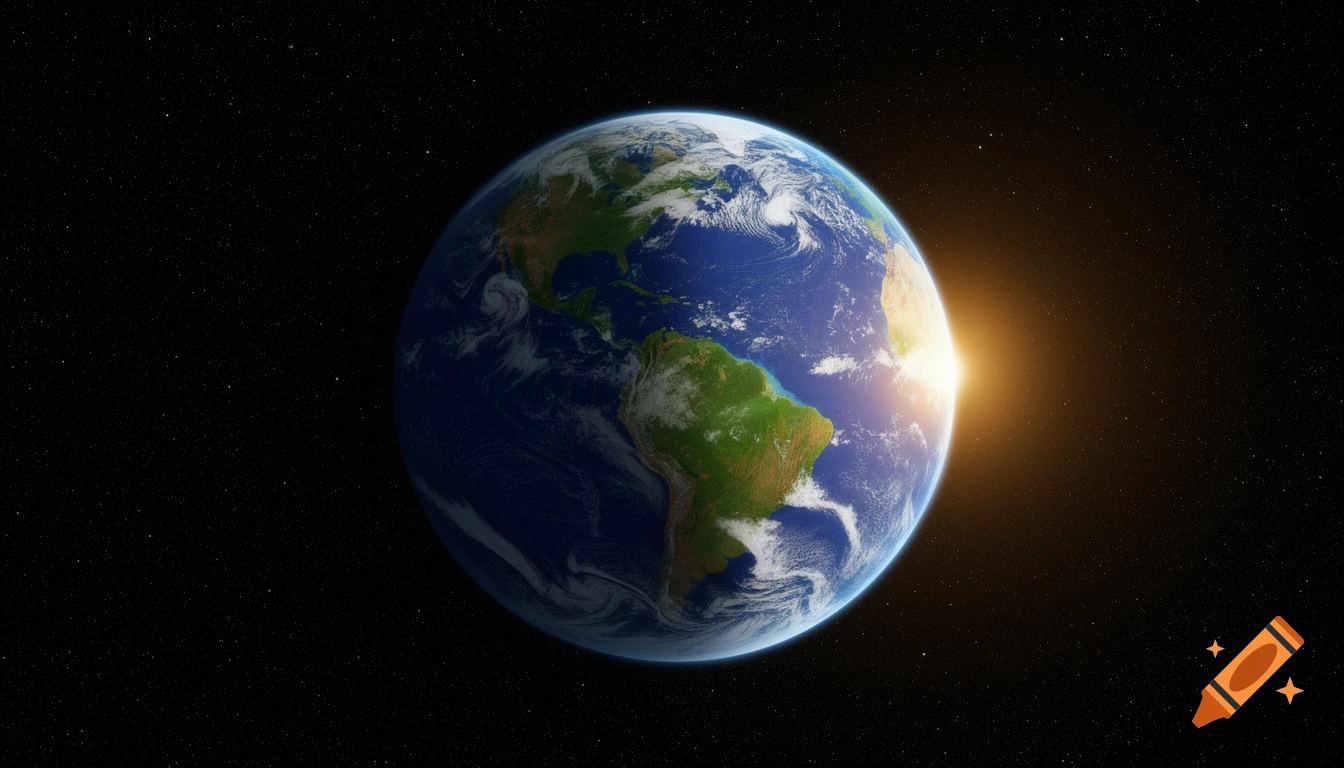 Photorealistic image of Earth in space, with the sun rising on the right side, illuminating half the planet.