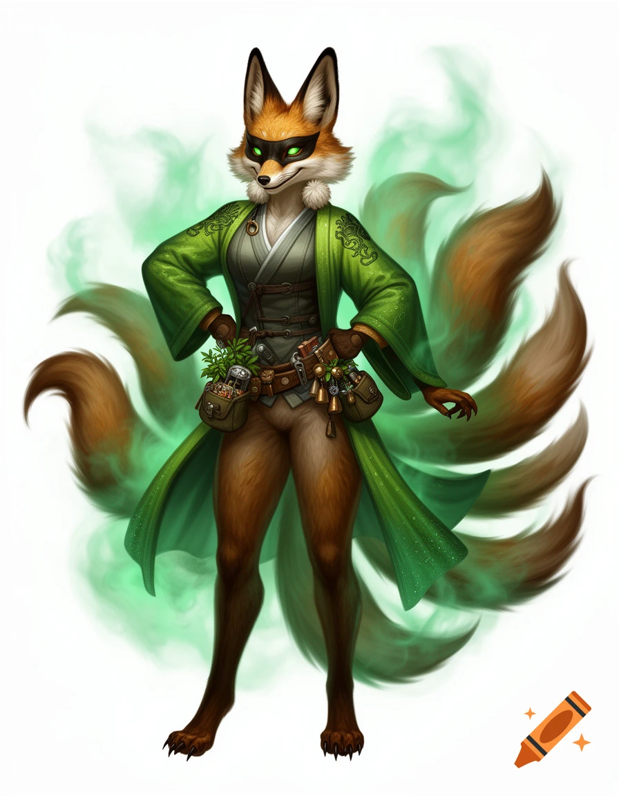 A confident anthropomorphic Kitsune with a black mask, glowing green eyes, multiple tails, and a green kimono stands against a green mist background.