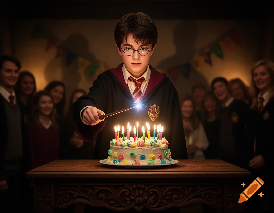Harry Potter in wizard robes uses a glowing wand to light candles on a colorful birthday cake, surrounded by blurred friends.