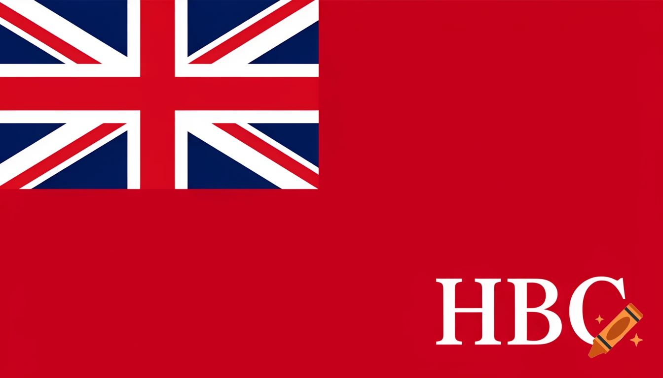A red flag with a Union Jack in the upper left canton and white letters 'HBC' in the lower right.