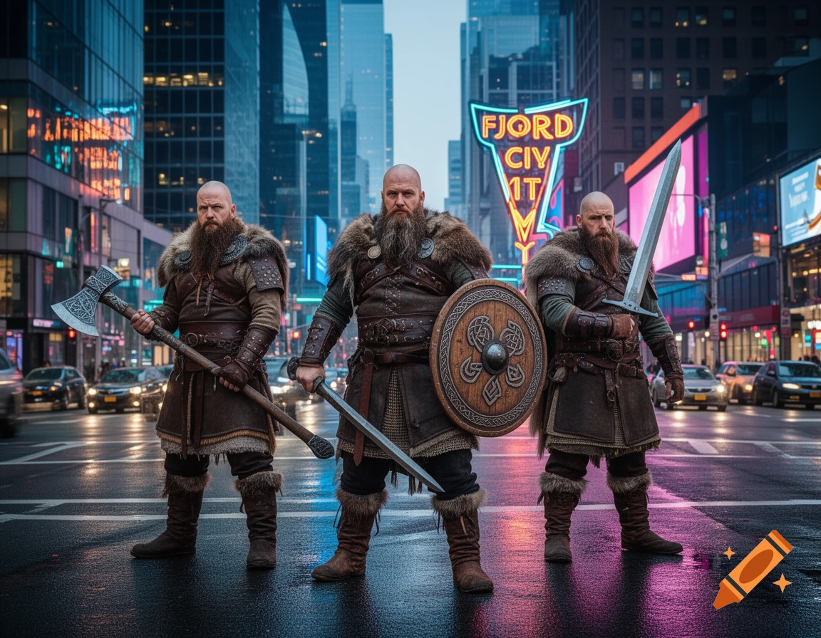 Three bearded Vikings in traditional armor with an axe, sword, and shield stand on a wet city street at night.