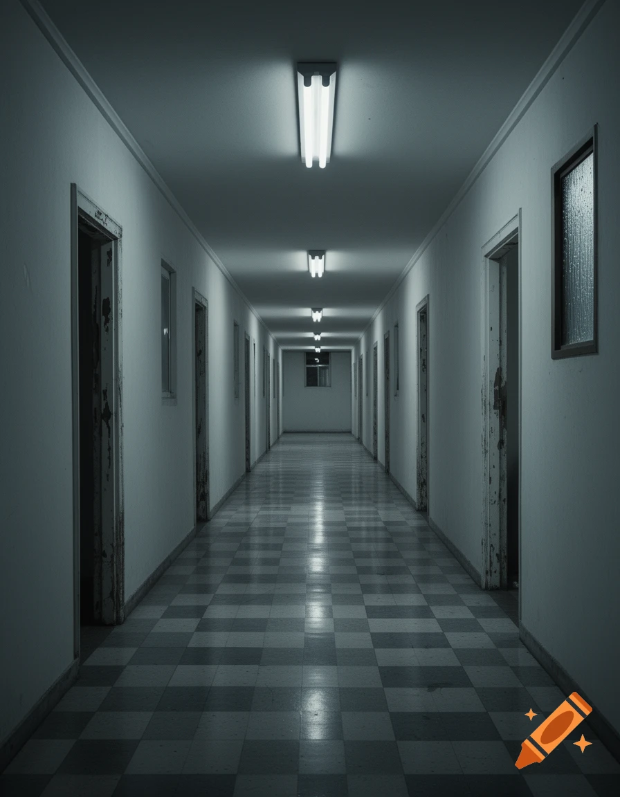A long, dark, and eerie hallway with a checkered floor, receding into the distance, lit by fluorescent lights.