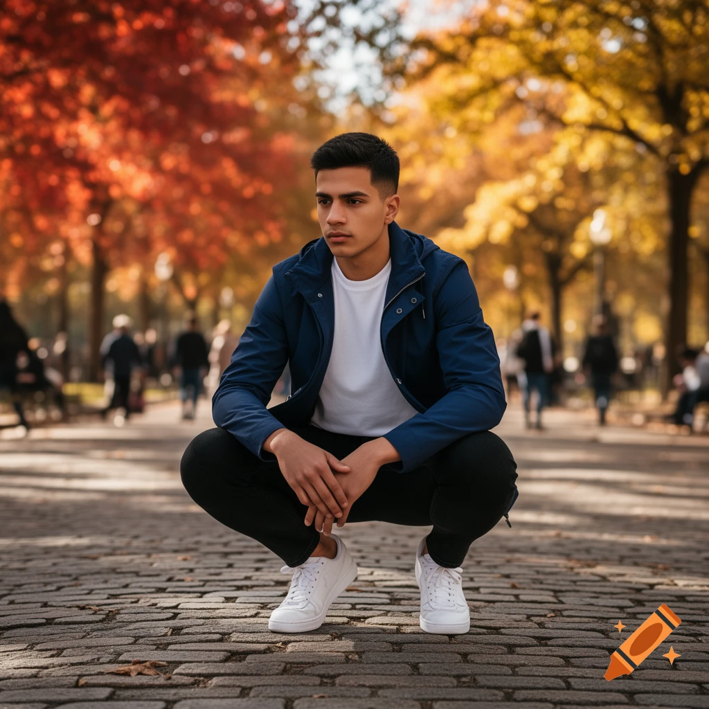A young man crouches on a cobblestone path in an autumn park, wearing a blue jacket, white t-shirt, black pants, and white sneakers.