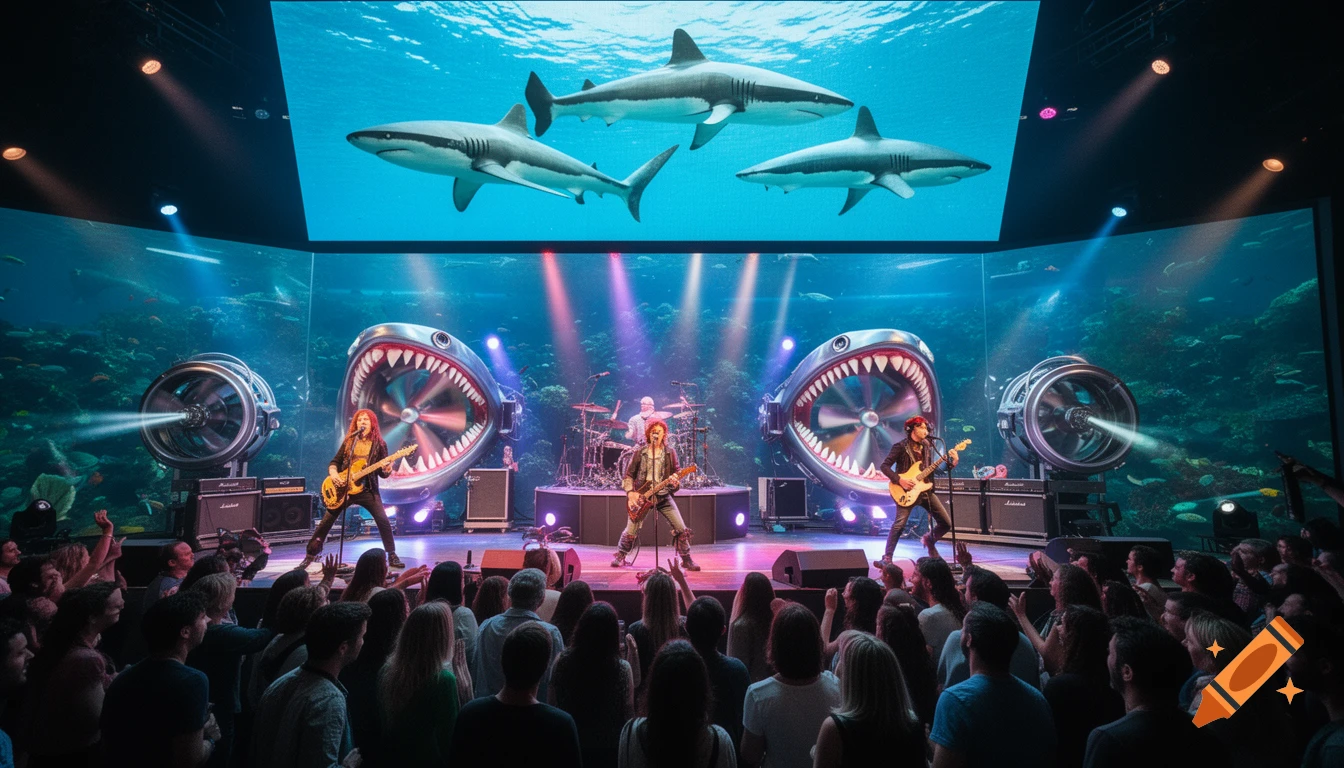 A rock band performs live on stage with shark-themed speakers and video screens, in front of an audience.