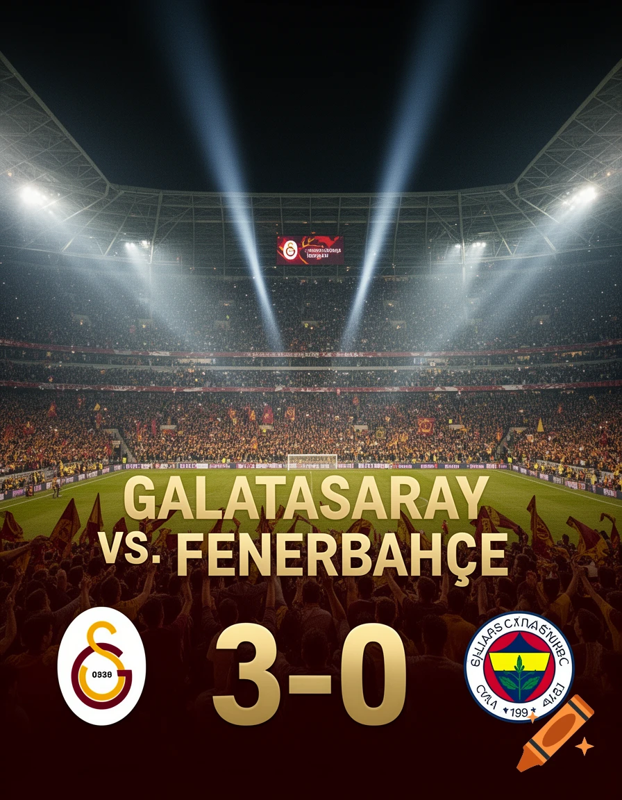 A vibrant football poster showing Galatasaray vs. Fenerbahçe with a 3-0 score for Galatasaray, set in a packed stadium with bright spotlights.