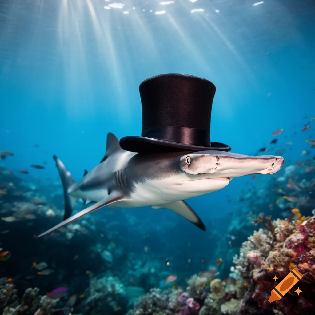 A photorealistic hammerhead shark wearing a black top hat, swimming underwater among colorful coral and fish with sunbeams from above.