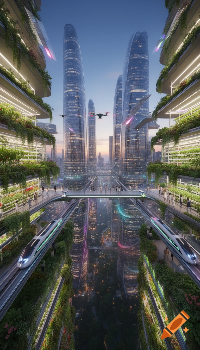 A vibrant futuristic city with towering skyscrapers, vertical gardens, elevated trains, and drones under a blue sky.