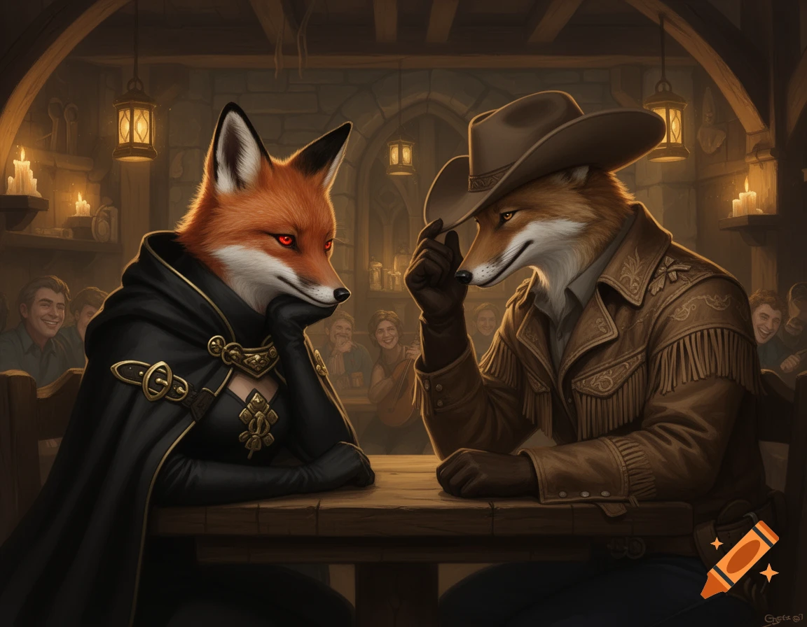 A male coyote in a cowboy hat tipping his hat to a fox lady in a black cloak in a dimly lit medieval tavern. Both gaze at each other lovingly.