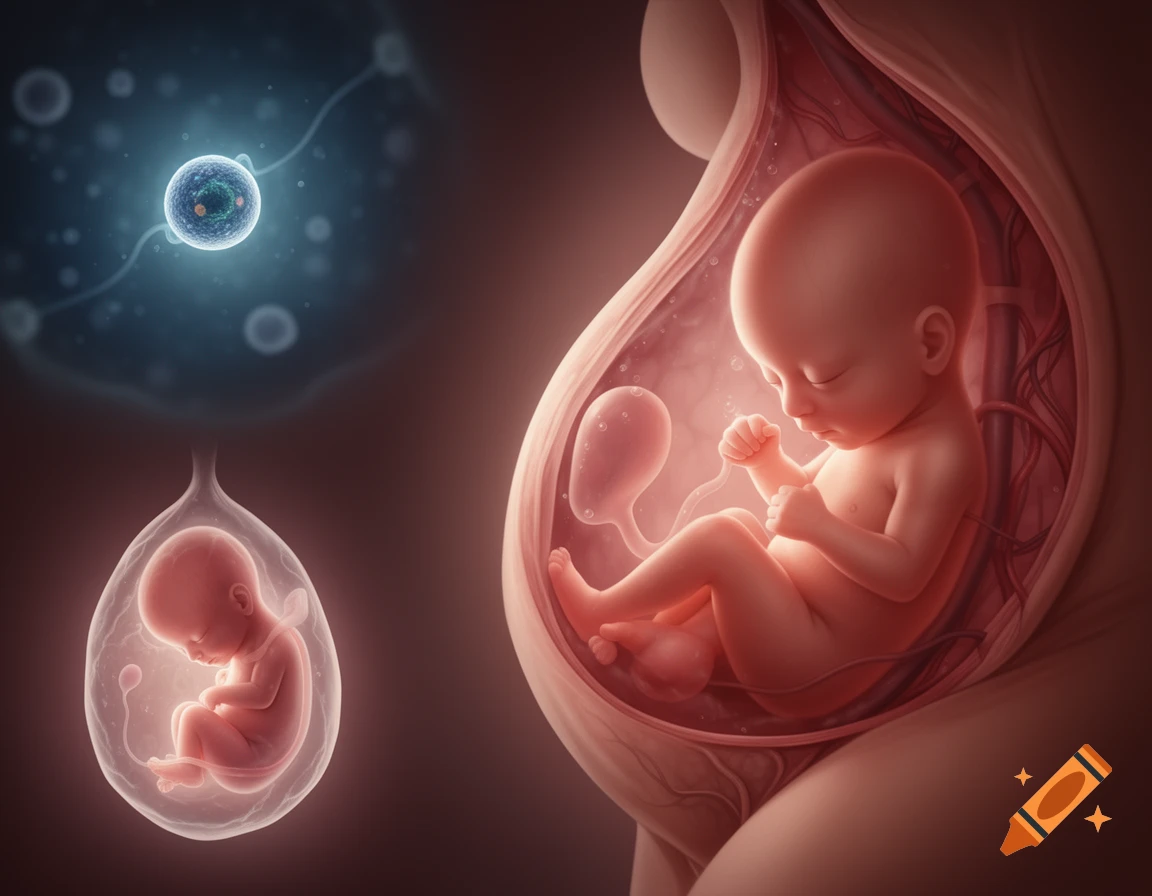 Scientific illustration of human fetal development, showing an early cell, a fetus in an amniotic sac, and a fetus in a womb.