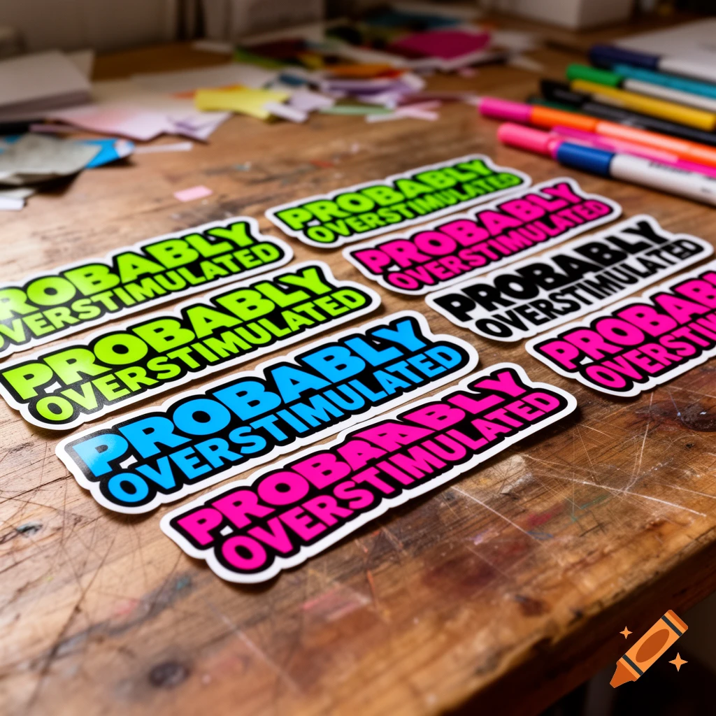 Multiple 'PROBABLY OVERSTIMULATED' stickers in vibrant colors (green, pink, blue, black) arranged on a wooden desk, photorealistic.
