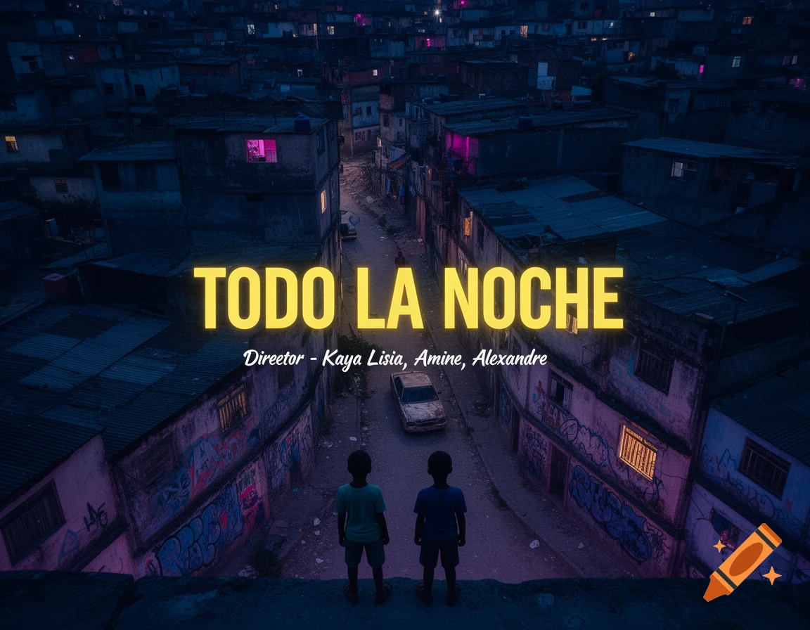 Aerial view of a dark favela at night with two boys on a rooftop, illuminated windows, and a car. Text reads "TODO LA NOCHE".