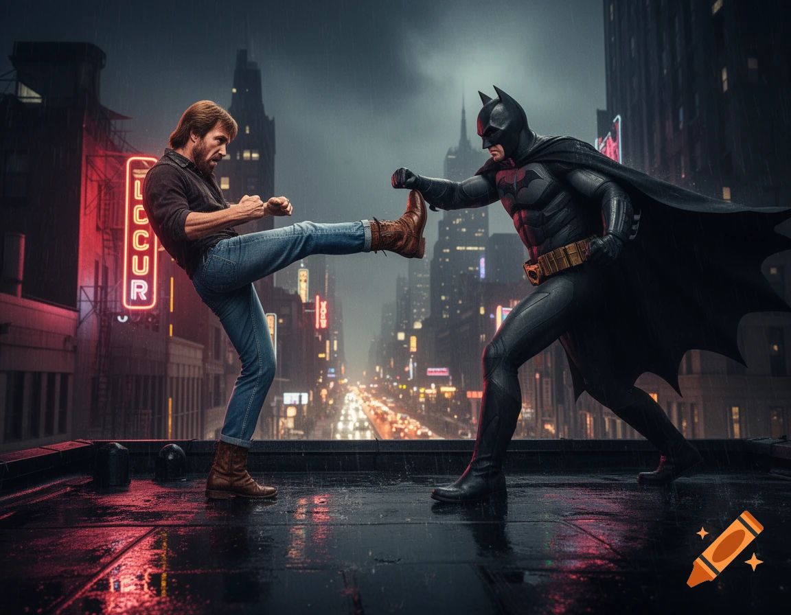 Chuck Norris delivers a roundhouse kick to Batman on a rainy rooftop, overlooking a neon-lit city street at night.