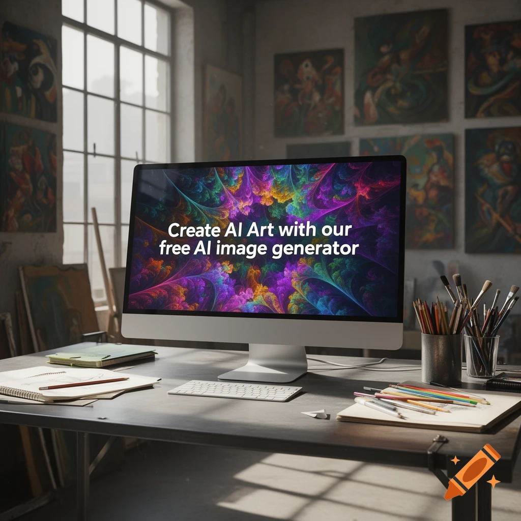 Photorealistic computer screen in an art studio displaying 'Create AI Art with our free AI image generator' surrounded by art supplies.