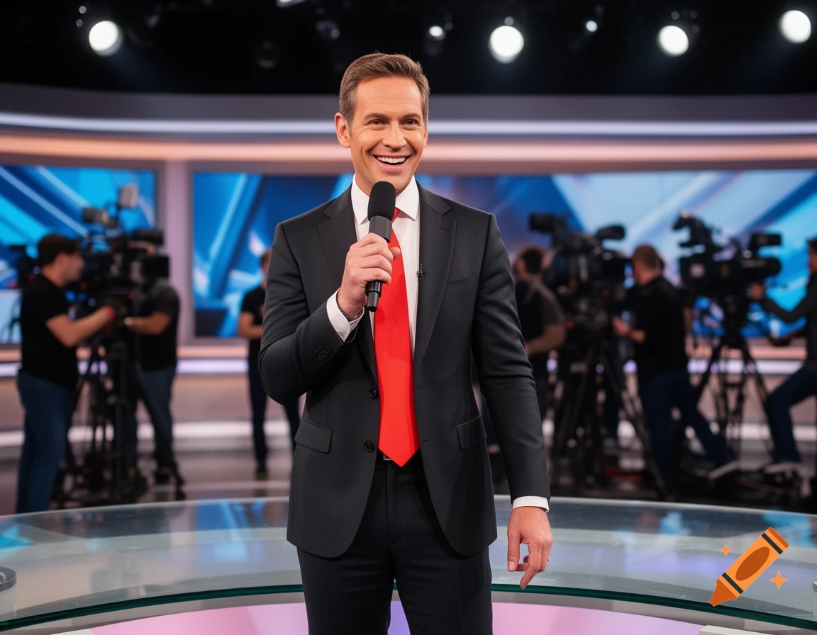 A smiling male news presenter in a black suit and red tie holds a microphone in a brightly lit television studio.