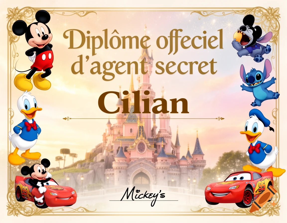A Disney-themed diploma featuring Mickey, Donald, Stitch, and Flash McQueen around a magical Disneyland castle with the text 'Diplôme officiel d’agent secret Cilian'.
