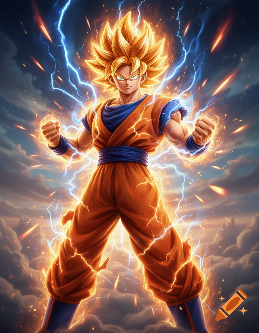 Goku from Dragon Ball in Super Saiyan form, enveloped in golden energy and blue lightning against a cloudy sky.