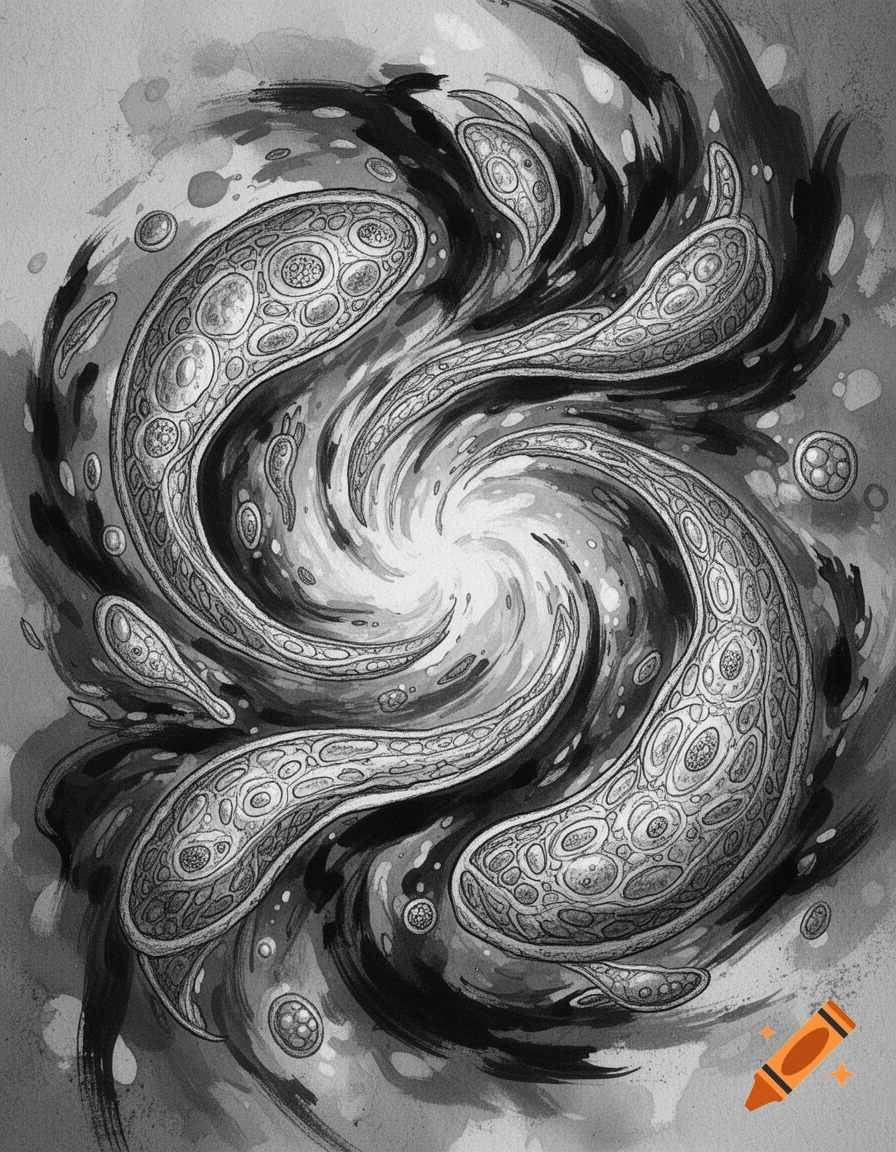 Grayscale abstract ink art of stylized organic cell-like forms swirling around a bright vortex.