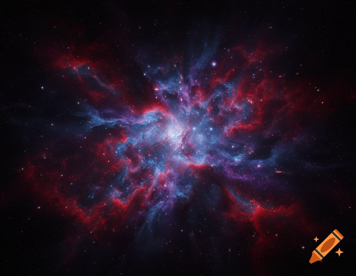 A vibrant nebula with swirling red, blue, and purple gases illuminated by a bright center, surrounded by numerous stars.