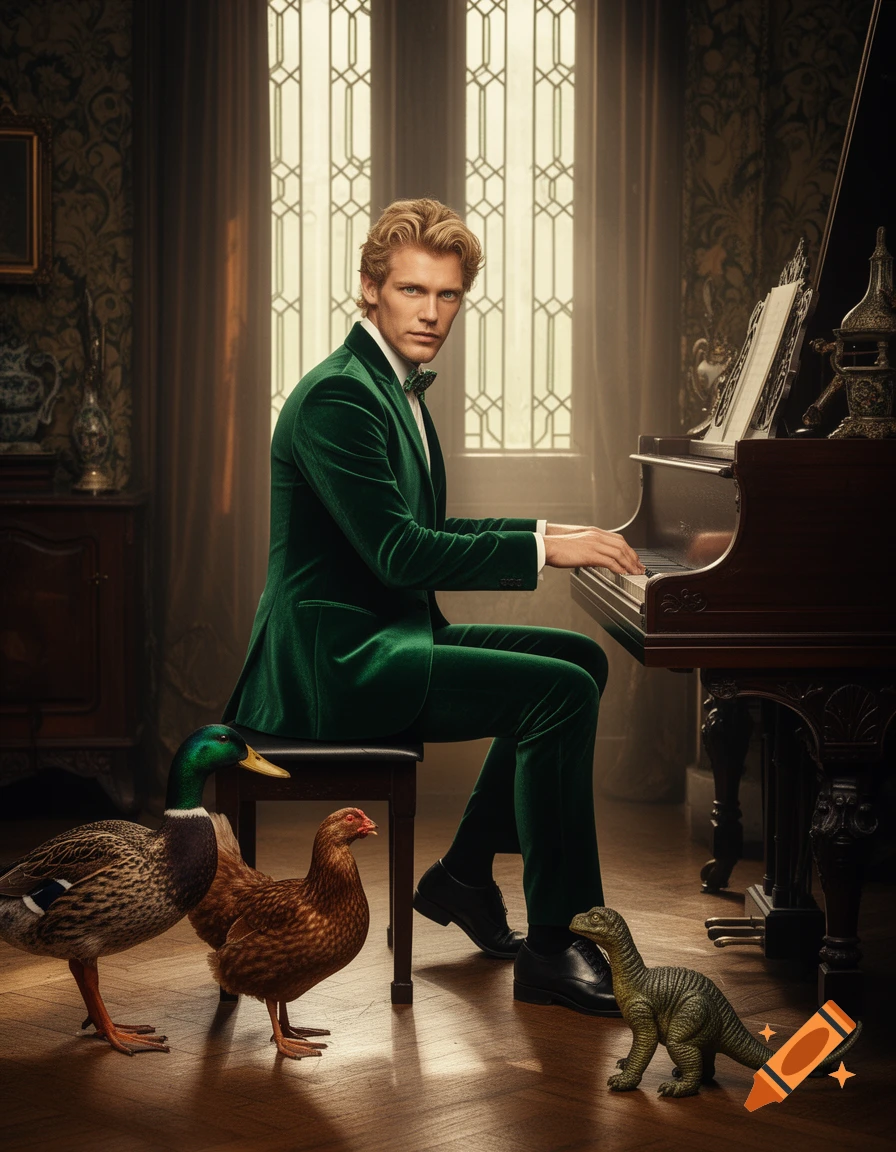 A handsome man in a green velvet suit plays a grand piano in a Victorian room, flanked by a duck, a chicken, and a toy dinosaur.